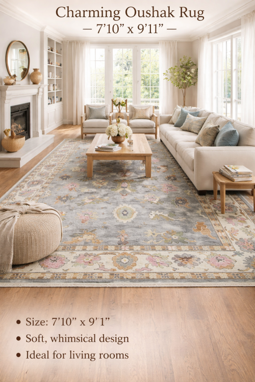 7'10 X 9'11 Hand Knotted Floral Colorfast Oushak Wool Rug