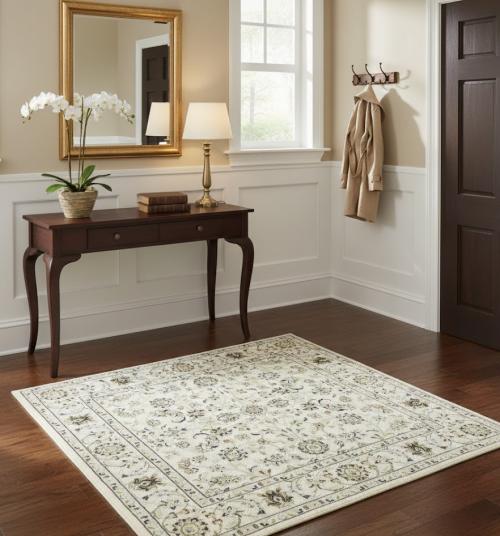 4'0 x 4'2 Cream Indo-Nain Floral hand Knotted Wool Square Rug