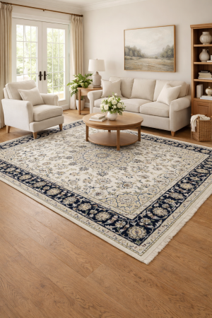 5'11 x 9'1 Hand Knotted Cream & Navy Indo-Nain Wool Rug