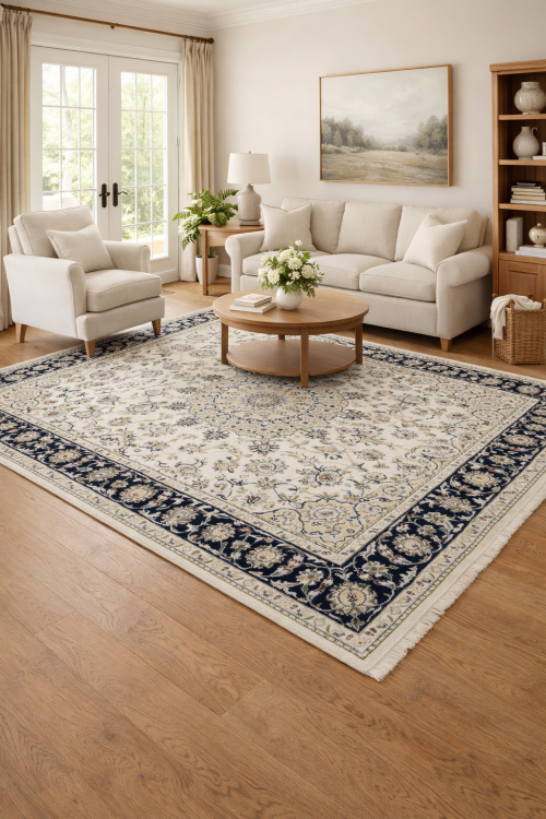 5'11 x 9'1 Hand Knotted Cream & Navy Indo-Nain Wool Rug