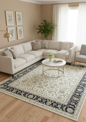 7'11 x 9'10 Hand Knotted Cream & Navy Indo-Nain Floral Wool Rug