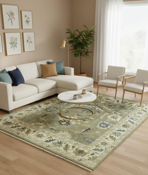 7'11 X 9'10 Hand Knotted Oushak Chobi Khaki Oriental Wool Rug