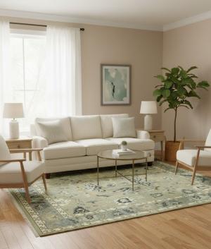 8'1 X 9'11 Khaki Hand Knotted Floral Oushak Chobi Wool Rug