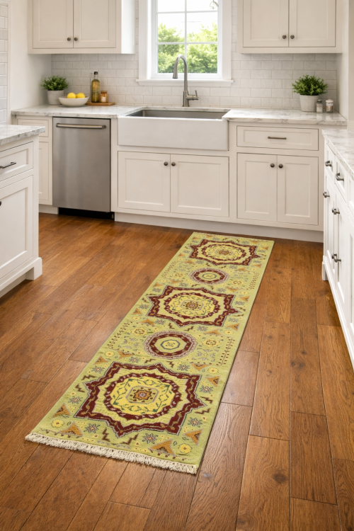 Light Lime Green Floral 2'7X9'7 Heriz Serapi Oriental Runner Rug