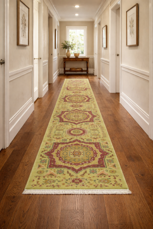 Light Lime Green Floral 2'7X9'8 Heriz Serapi Oriental Runner Rug
