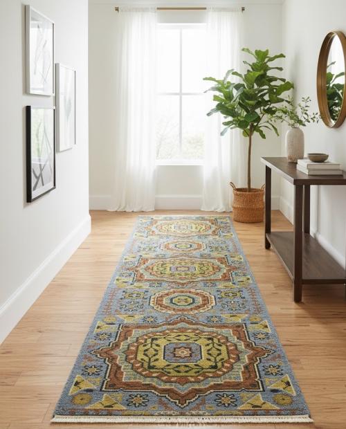 Blue Floral 2'7X8'1 Heriz Serapi Oriental Runner Rug