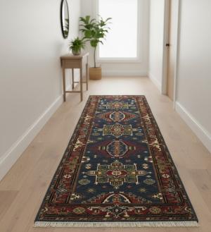 Gray Geometric 3X8 Indo-Karajeh Oriental Runner Rug