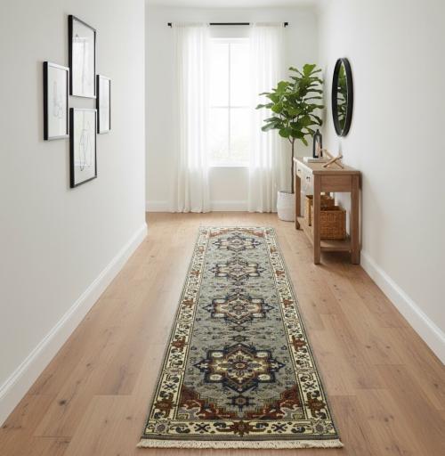 Gray Floral 2'7X10'2 Heriz Serapi Oriental Runner Rug