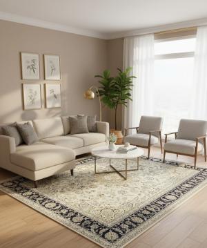 8'1 x 10'1 Cream Hand Knotted Oriental Indo-Nain Wool Rug