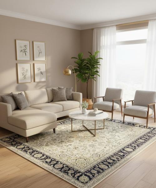 8'1 x 10'1 Cream Hand Knotted Oriental Indo-Nain Wool Rug