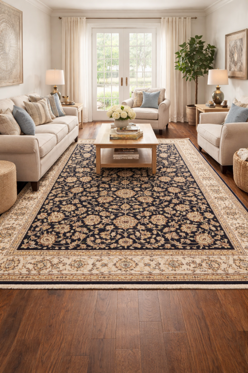8'0 X 10'2 Floral Dark Navy Hand Knotted Indo-Nain Wool Rug