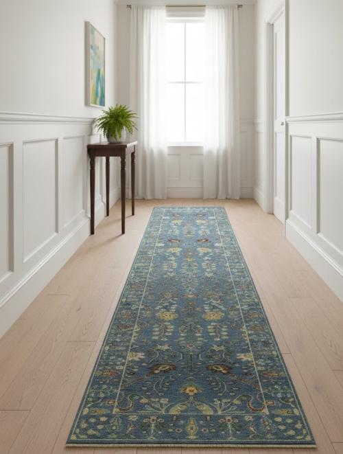 Blue Floral 2'5X12'2 Osh Chobi Oriental Runner Rug