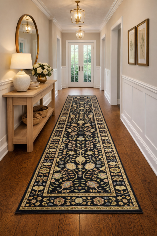 Black Floral 2'6X12'3 Osh Chobi Oriental Runner Rug