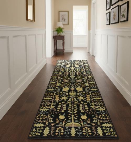 2'5 X 8'0 Hand Knotted Osh Chob Black Floral Wool Runner Rug