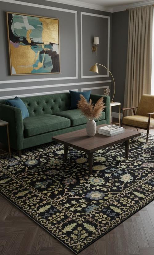 Black Floral 10X14 Osh Chobi Oriental Rug