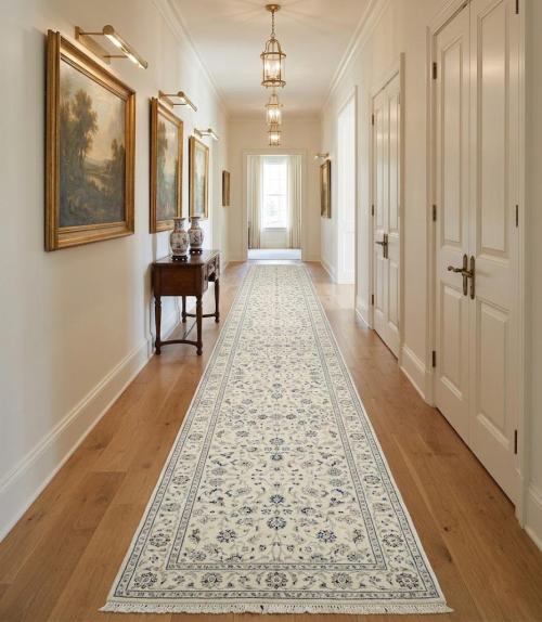 Cream Floral 2'9X20'6 Indo-Nain Oriental Runner Rug