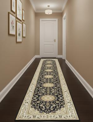 Dark Navy Floral 3X14 Indo-Nain Oriental Runner Rug