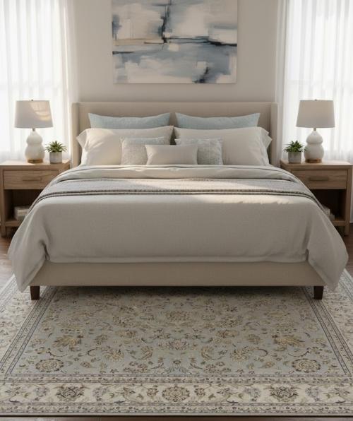 8'0 X 10'2 Indo-Nain Hand Knotted Light Blue-gray Wool Rug