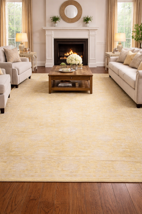 Muted Golden Yellow Floral 10X14 Transitional Oriental Rug