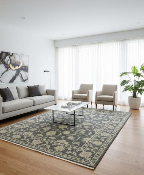 Muted Dark Slate Floral 8X10 Transitional Oriental Rug