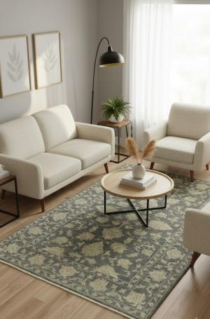 Muted Dark Slate Floral 5X8 Transitional Oriental Rug