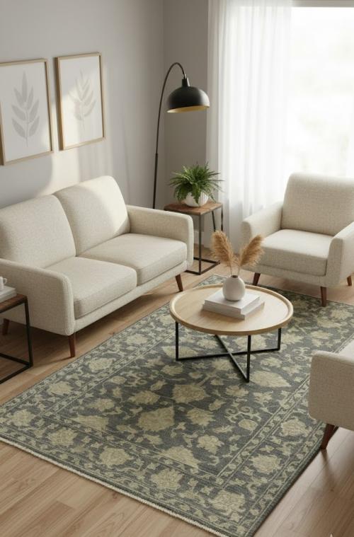 Muted Dark Slate Floral 5X8 Transitional Oriental Rug