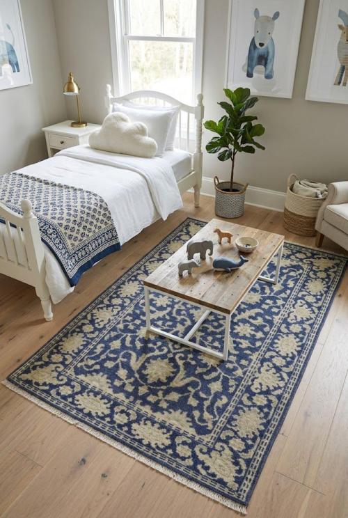 Muted Slate Blue Floral 4X6 Transitional Oriental Rug