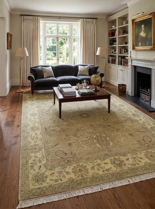 Muted Khaki Floral Transitional 8X10 Indo-Nain Oriental Rug