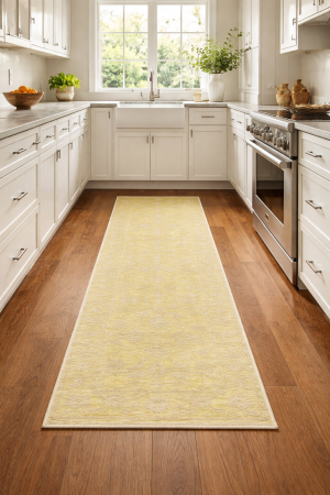 Muted Golden Yellow Floral 3X8 Transitional Oriental Runner Rug