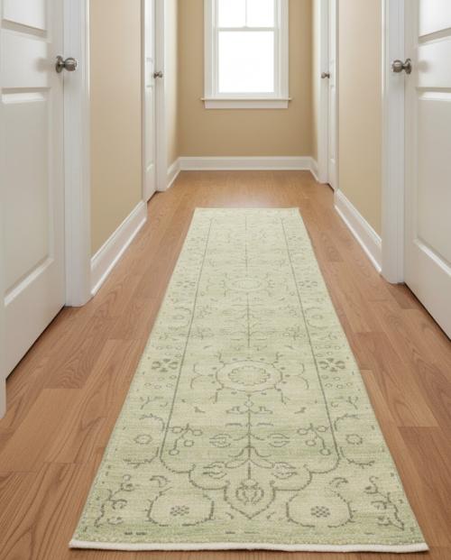Muted Green Floral 2'5X10 Transitional Oriental Runner Rug