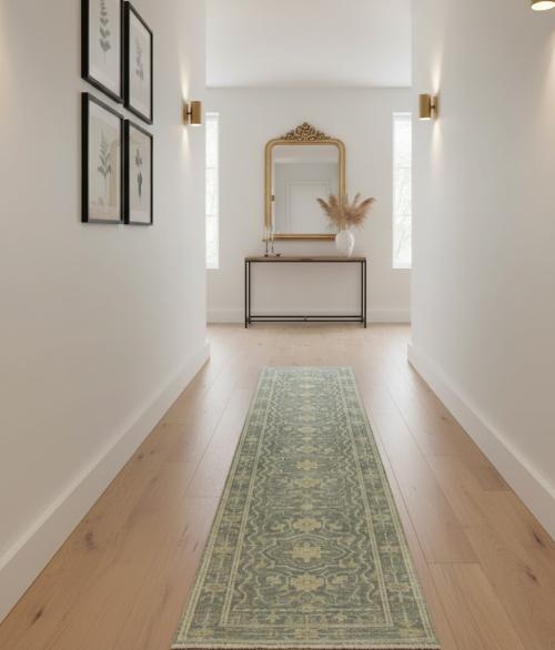 Muted Gray Floral 2'5X11'9 Transitional Oriental Runner Rug