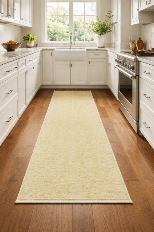 Muted Golden Yellow Floral 3X12 Transitional Oriental Runner Rug