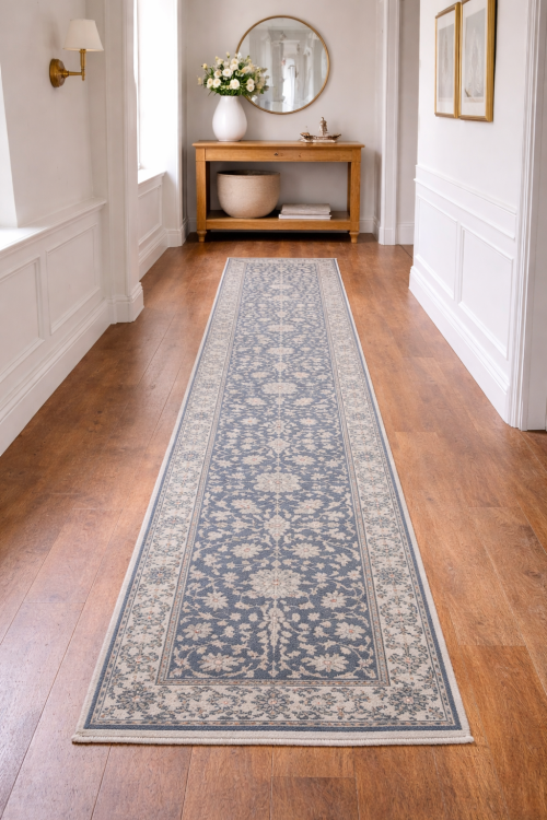 Muted Slate Blue Floral 2'6X13'9 Transitional Oriental Runner Rug