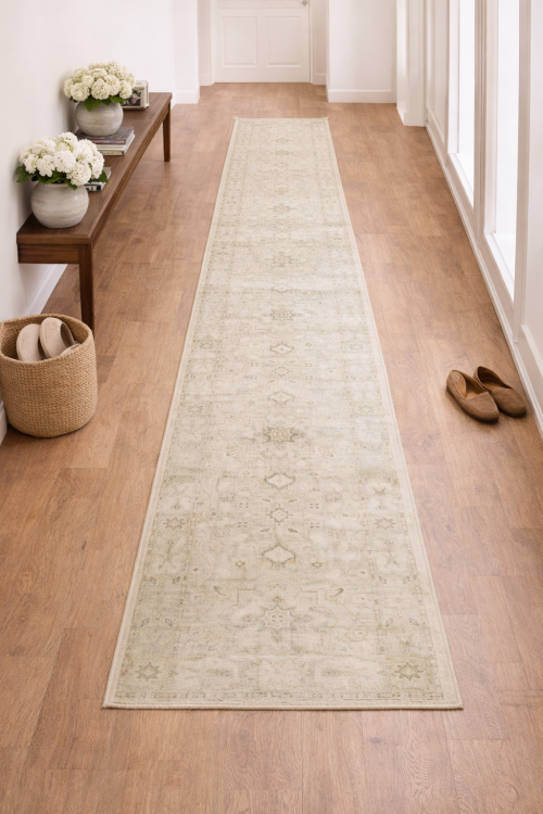 Muted Pinkish Beige Floral 3X14 Transitional Oriental Runner Rug