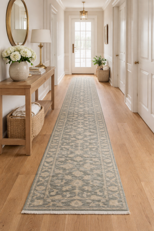 Muted Dark Slate Floral 2'7X14 Transitional Oriental Runner Rug