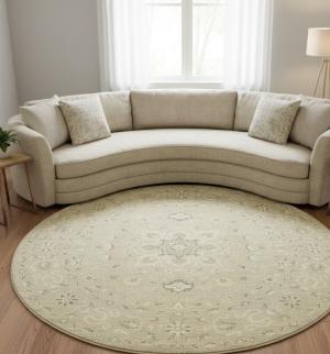 Muted Pinkish Beige Floral 8X8 Transitional Oriental Round Rug