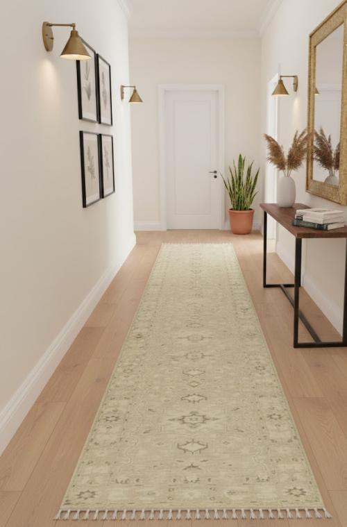 Muted Beige Floral 3X12 Transitional Oriental Runner Rug