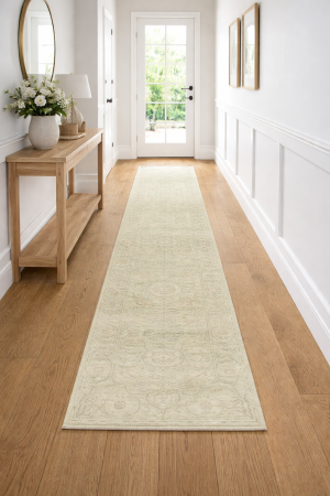 Muted Green Floral 2'7X11'9 Transitional Oriental Runner Rug