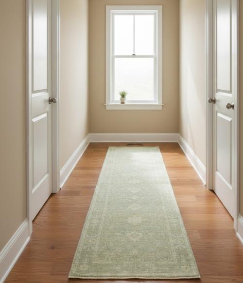 Muted Green Floral 3X10 Transitional Oriental Runner  Rug