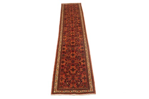 Vintage Coral Red Tribal 2'6X12'7 Hossainabad Persian Runner Rug