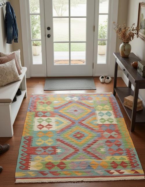 4'0 x 5'9 Hand Woven Kilim Geometric Oriental Wool Rug