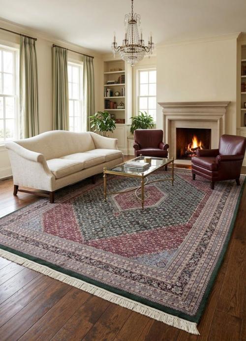 9'0 x 12'0 Hand Knotted Green Floral Indo-Bidjar Wool Rug