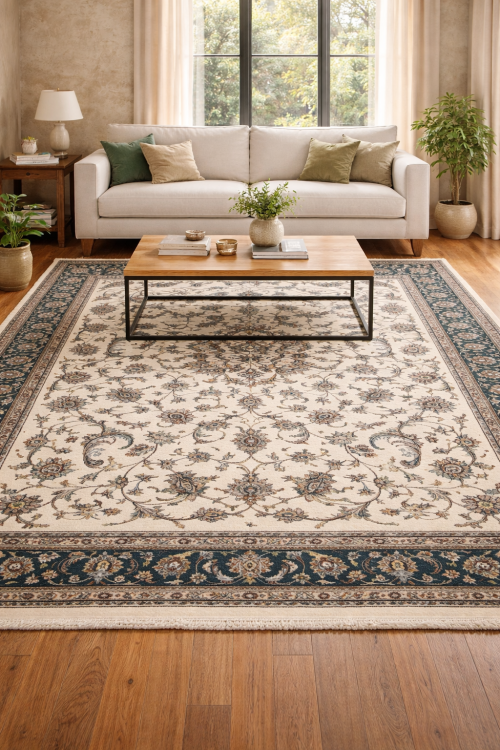 Cream Floral 9X12 Indo-Kashan Oriental Rug