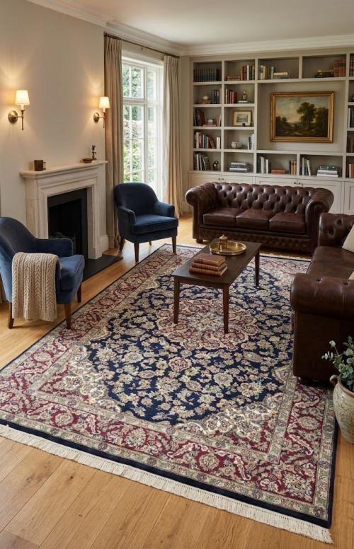 Purple-navy Floral 6X9 Indo-Kashan Oriental Rug