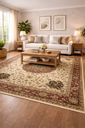 6'0 x 8'8 Hand Knotted Cream & Brown Agra Jaipur Wool Rug