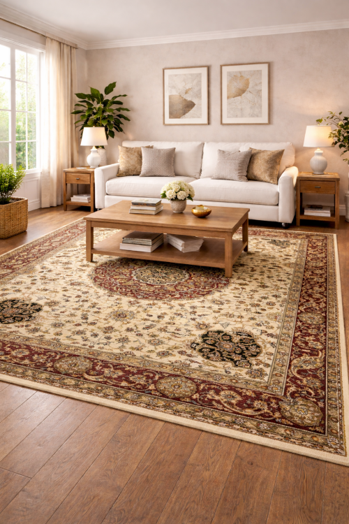 6'0 x 8'8 Hand Knotted Cream & Brown Agra Jaipur Wool Rug