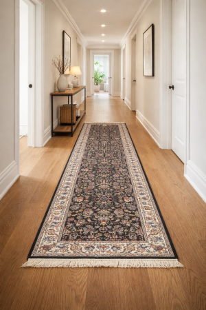 Charcoal Floral Tribal 2'6X9'9 Indo-Kashan Oriental Runner Rug