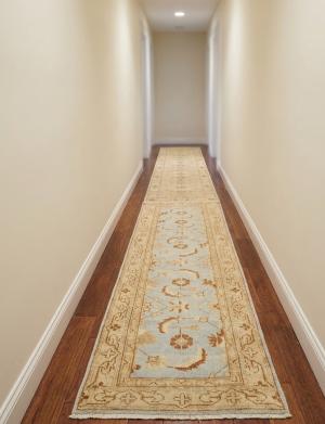 Light Blue Floral Oushak 3X12 Turkish Oriental Runner Rug