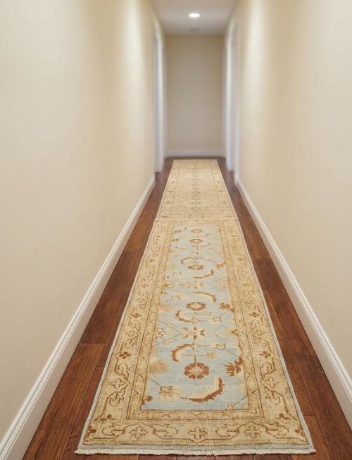 Light Blue Floral Oushak 3X12 Turkish Oriental Runner Rug