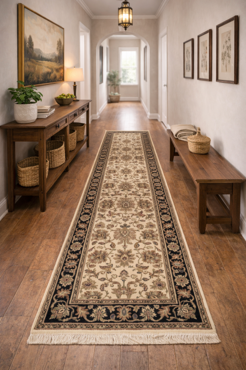 Cream Floral Classic 2'7X12 Agra Jaipur Oriental Runner Rug